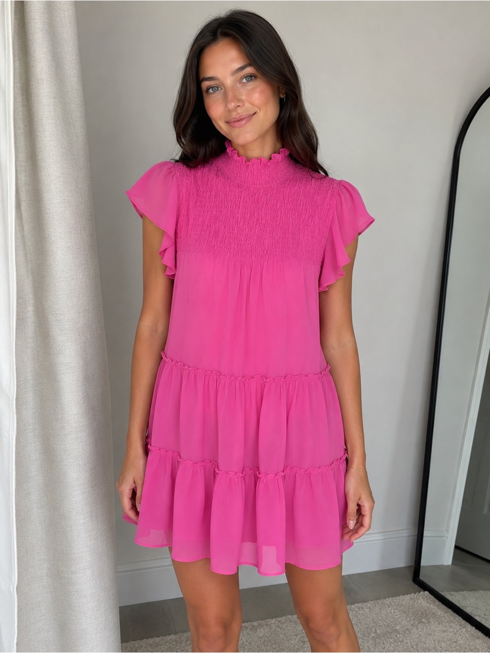 Maison Tara Hot Pink Smocked Tiered Mini Dress Flutter Sleeve Chiffon Size 8